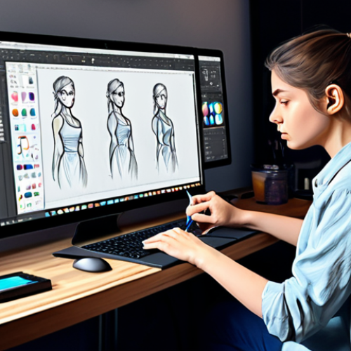 Digital Painting Process**

"A young woman, fully clothed in casual but professional attire, intently focused on drawing on a digital tablet with a stylus, surrounded by multiple monitors displaying CLIP STUDIO PAINT, a comfortable, well-lit home studio environment, safe for work, appropriate content, perfect anatomy, natural pose, well-formed hands, proper finger count, digital painting illustration, family-friendly."

**
