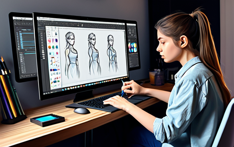 Digital Painting Process**

"A young woman, fully clothed in casual but professional attire, intently focused on drawing on a digital tablet with a stylus, surrounded by multiple monitors displaying CLIP STUDIO PAINT, a comfortable, well-lit home studio environment, safe for work, appropriate content, perfect anatomy, natural pose, well-formed hands, proper finger count, digital painting illustration, family-friendly."

**