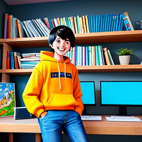 **

A passionate webtoon artist, (gender neutral, specify if needed), in a brightly lit, modern studio, surrounded by digital art tools like a Wacom tablet and multiple monitors. The character is smiling genuinely, fully clothed in comfortable, casual clothing (jeans and a hoodie, for example). Background details include shelves filled with manga and art books. Focus on conveying the joy of creation. "Safe for work," "appropriate content," "fully clothed," "professional," "perfect anatomy," "correct proportions," "natural pose," "high quality," "digital illustration," "bright colors," "upbeat mood."

**