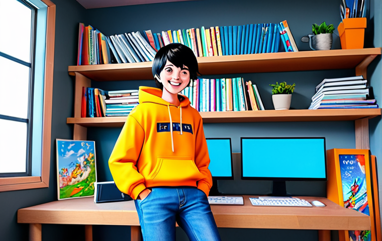 **

A passionate webtoon artist, (gender neutral, specify if needed), in a brightly lit, modern studio, surrounded by digital art tools like a Wacom tablet and multiple monitors. The character is smiling genuinely, fully clothed in comfortable, casual clothing (jeans and a hoodie, for example). Background details include shelves filled with manga and art books. Focus on conveying the joy of creation. "Safe for work," "appropriate content," "fully clothed," "professional," "perfect anatomy," "correct proportions," "natural pose," "high quality," "digital illustration," "bright colors," "upbeat mood."

**