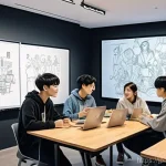 웹툰작가 커뮤니티 활용법 - **Vibrant Webtoon Creator Hub: Collaboration and Shared Passion**
    A bustling, modern co-working ...