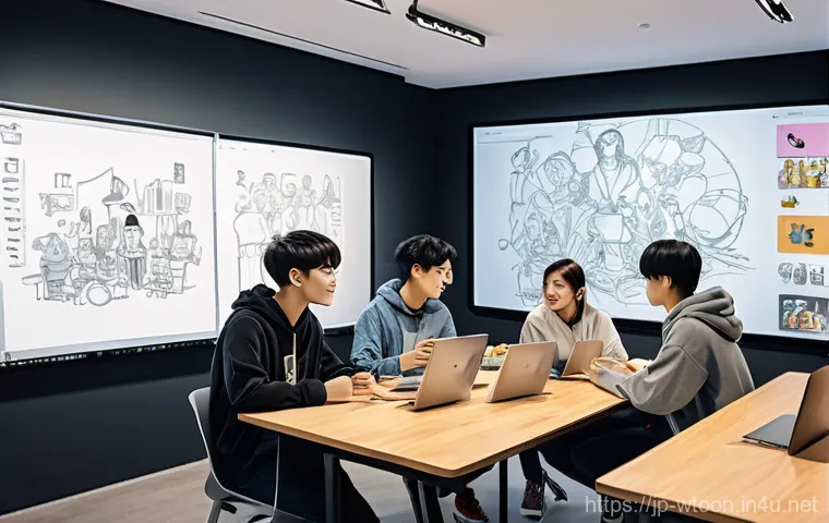 웹툰작가 커뮤니티 활용법 - **Vibrant Webtoon Creator Hub: Collaboration and Shared Passion**
    A bustling, modern co-working ...