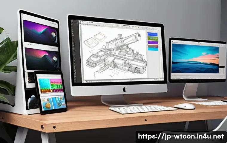웹툰 작화 프로그램 추천 - A modern digital artist’s workspace featuring a sleek drawing tablet and multiple layered comic pane...