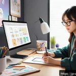 웹툰작가로 시작하는 방법 - A young female webtoon artist sitting at a modern desk in a cozy room filled with art supplies and a...