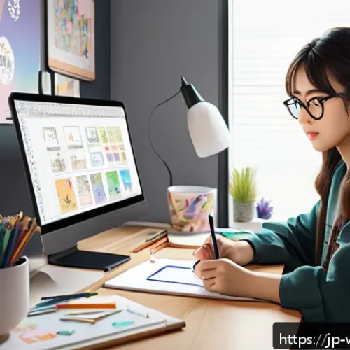 웹툰작가로 시작하는 방법 - A young female webtoon artist sitting at a modern desk in a cozy room filled with art supplies and a...