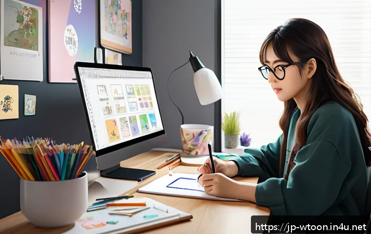 웹툰작가로 시작하는 방법 - A young female webtoon artist sitting at a modern desk in a cozy room filled with art supplies and a...