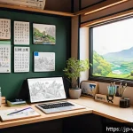 웹툰작가 스토리텔링 방법론 - A modern Japanese webtoon artist&rsquo;s workspace featuring a sleek digital drawing tablet displaying Cli...