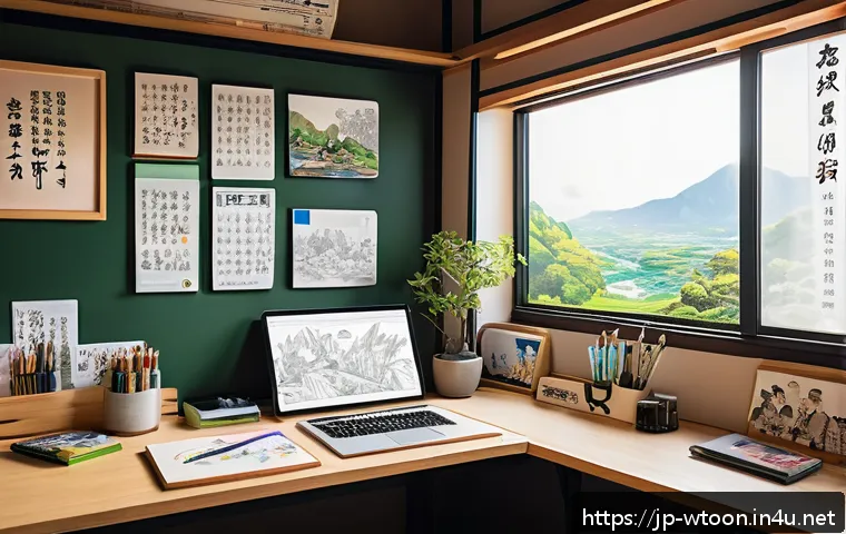 웹툰작가 스토리텔링 방법론 - A modern Japanese webtoon artist&rsquo;s workspace featuring a sleek digital drawing tablet displaying Cli...
