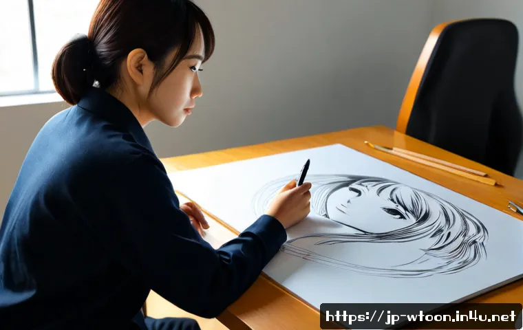 웹툰작가의 창작 기술 - Photorealistic Japanese webtoon artist in a calm modern studio, carefully sketching expressive chara...