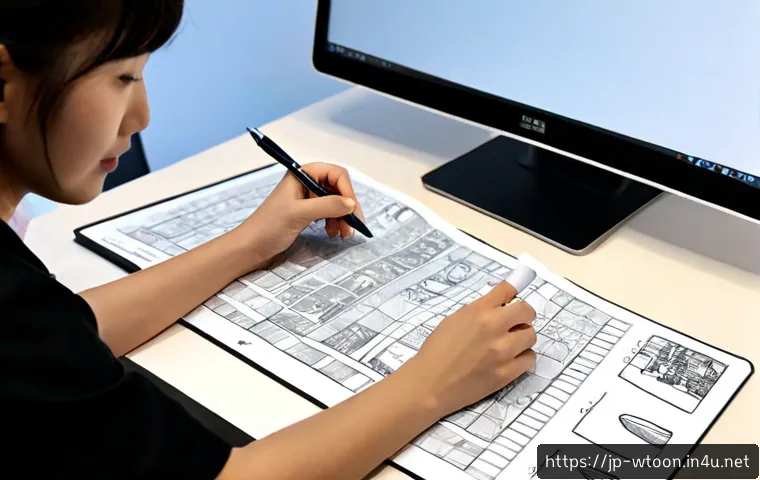 웹툰작가의 협업 도구 추천 - Photorealistic collaborative workspace for two Japanese webtoon creators, an illustrator drawing exp...